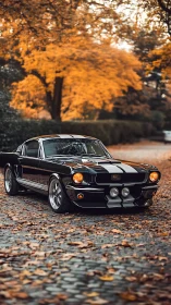 Classic black muscle car contrasts against soft autumn bokeh