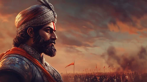 Armored warrior commander profile at dusk battlefield horizon