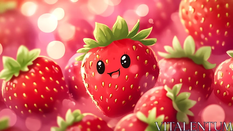 Smiling cartoon strawberry among bright pink berries.