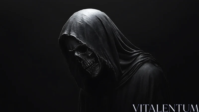 Hooded skeletal reaper emerges from darkness in eerie silence
