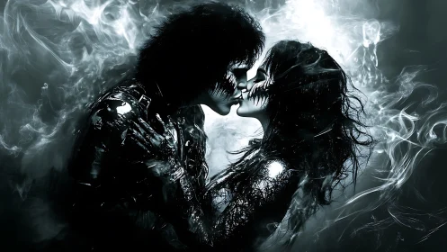 Silhouetted Embrace Against Ethereal Smoke.