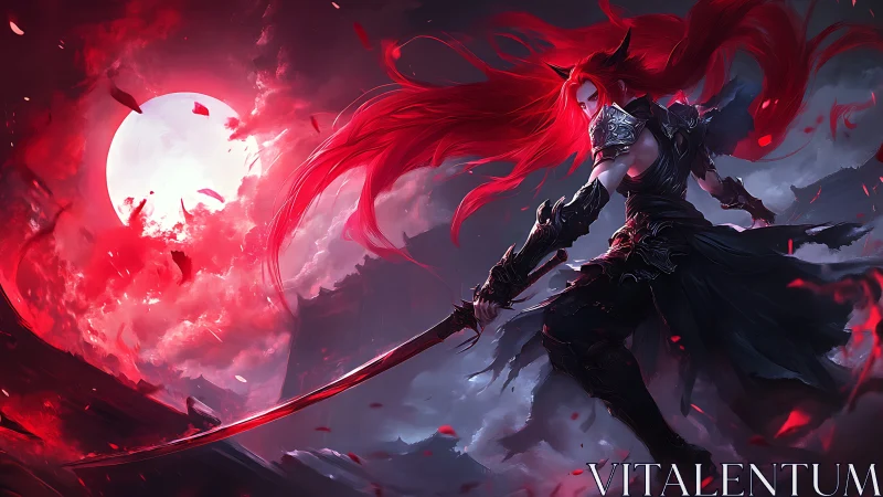 Bloodmoon blade dancer arcs through stormlit crimson skies.