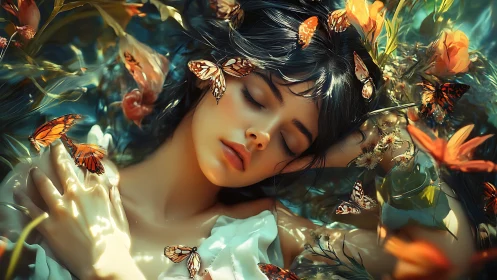 Sleeping woman lies among butterflies and bright flowers