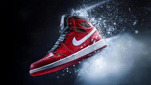 Red high-top sneaker frozen midair in bold motion.