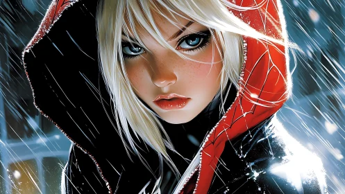 Digital portrait shows hooded blonde figure in falling rain