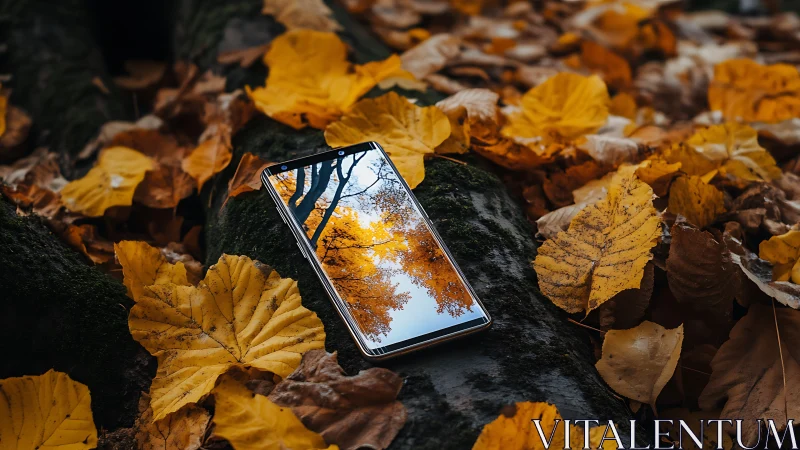 Smartphone mirror captures autumn canopy amid leaf-littered log