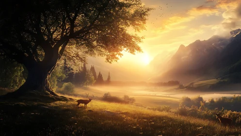Sunlit valley hush with deer beneath the guardian tree.