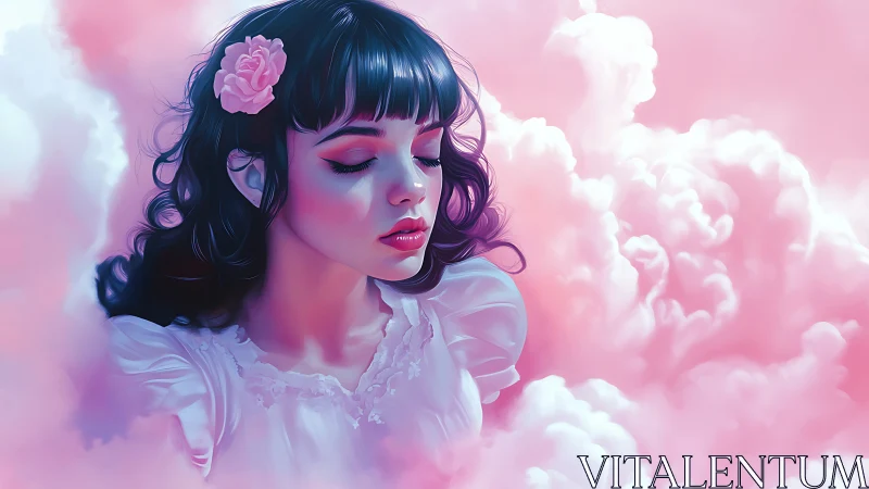 Young woman in pink clouds with closed eyes and flower