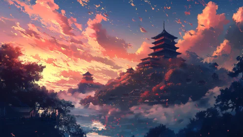 Sunset over tiered temples on misty forested hillside.