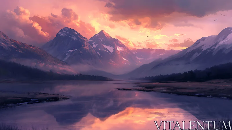 Sunset light floods snowcapped mountains mirrored in lake