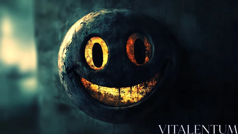 Corroded smiley face sphere glows with internal molten light