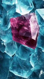 Magenta crystal fragment within irregular cyan ice field.