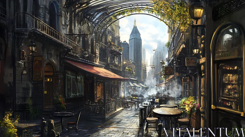 Cafe-lined cobblestone alley opens toward modern city skyline