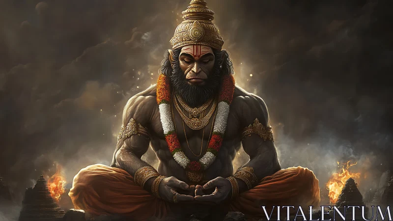 Powerful monkey deity meditating amid smoke and fire.