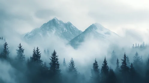 Snowy mountain peaks rise above dense misty conifer forest