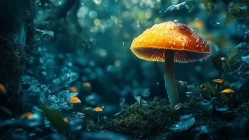 Large orange mushroom stands in moist, softly lit forest