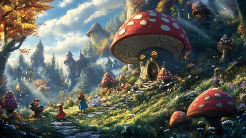 Fairytale mushroom village under golden forest light.
