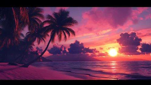 Neon-infused tropical sunset seascape renders cinematic calm