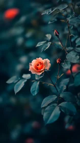 Coral Rose in Bloom Against Teal Garden.