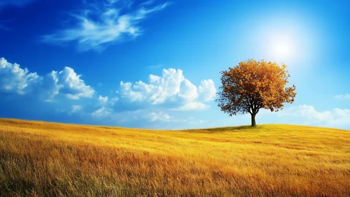 Single deciduous tree on saturated golden field under clear sun