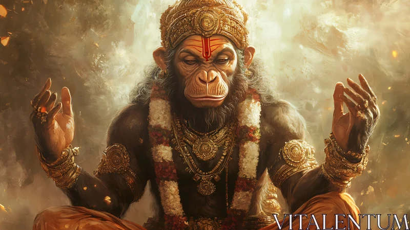Ornate simian deity in meditative pose amid glowing haze