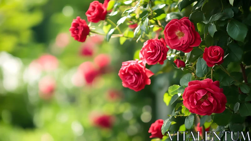 Crimson roses cascade through dappled garden light