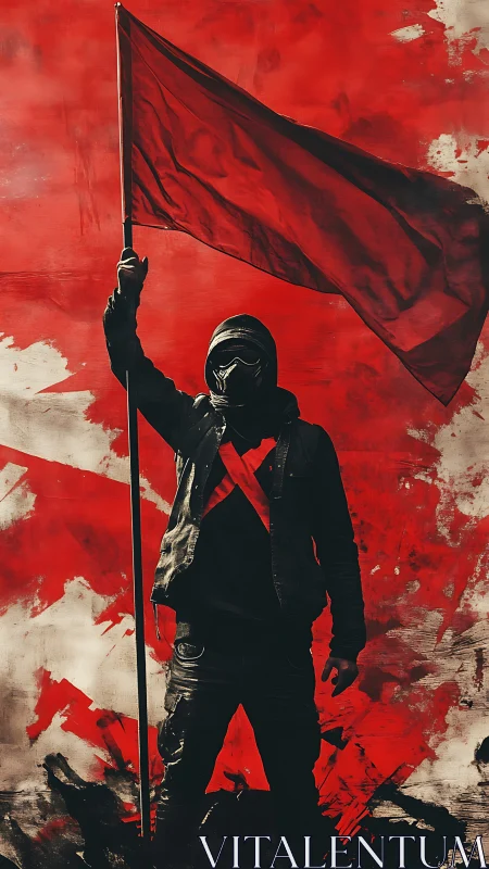 Masked urban protester raising stark red flag in stormy hues.