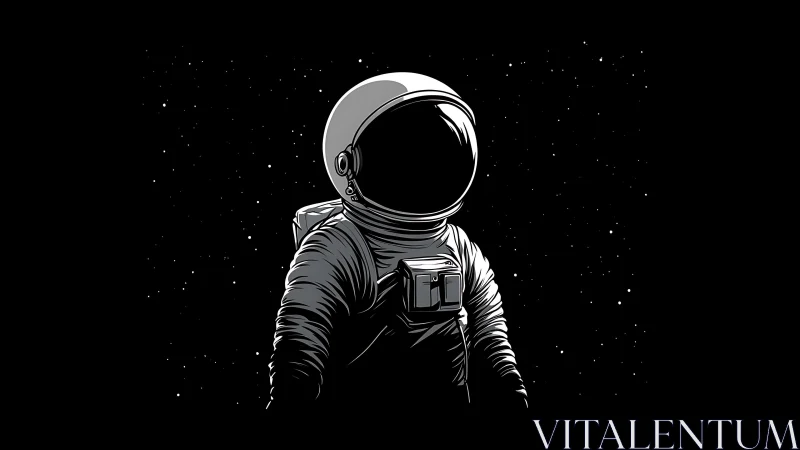 Monochrome astronaut illustration in deep space negative field.