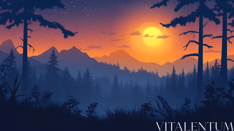 Atmospheric forest landscape with graduated chromatic sunset and volumetric atmospheric perspective 