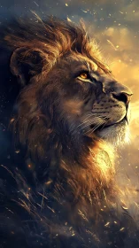 Sunlit Lion King gazing through embers and twilight hush.