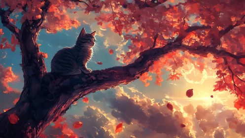 Cat perched on branch amid autumn foliage rendering