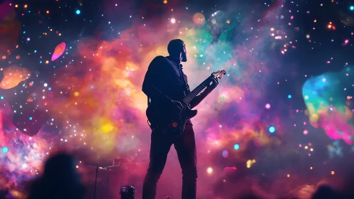 Silhouetted guitarist against vivid cosmic concert backdrop.