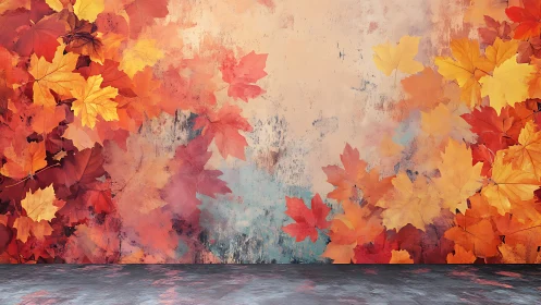 Autumn maple foliage mural with textured grunge wall and floor