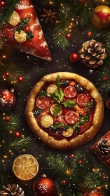 Holiday-themed pizza arrangement with pine branches and decor.
