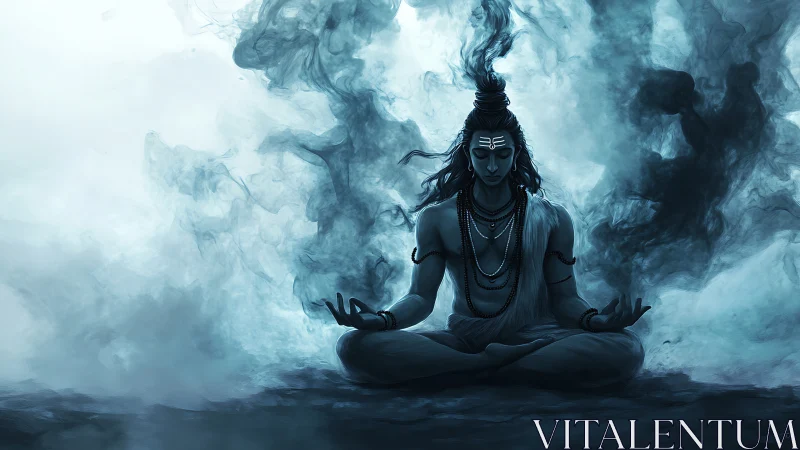 Meditating deity amid swirling blue ethereal smoke.