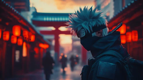 Masked figure with spiky hair walks through lantern lit street