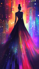 Silhouetted figure in prismatic evening gown amid vertical light fields