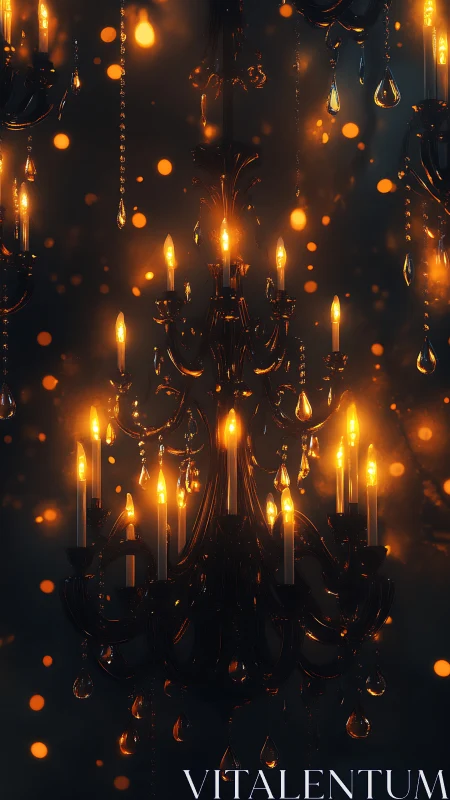 Dark crystal chandelier with multiple glowing candle flames
