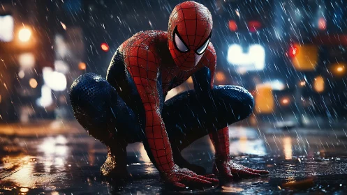 Masked urban hero crouches low on wet street in heavy rain