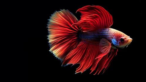 High-contrast macro study of red betta fish fin dynamics.