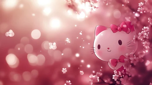Sweet pink kitten smiles softly among dreamy cherry blossoms
