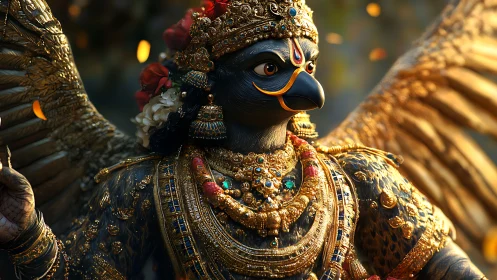 Ornate avian deity rendered in high-detail 3D character design