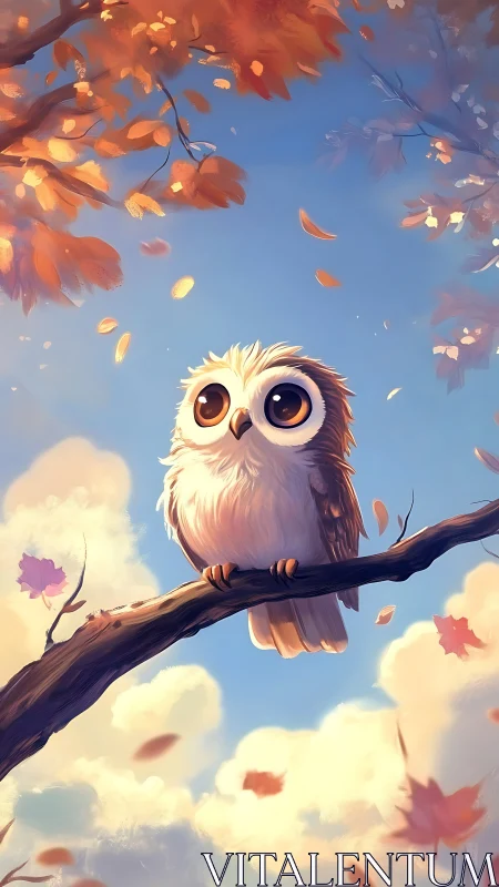 Soft-lit stylized owl on branch under dynamic autumn foliage