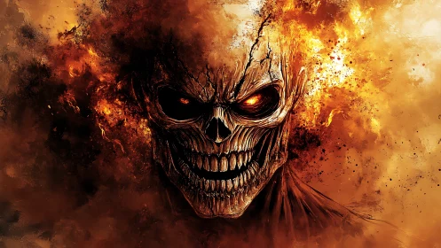 Fiery skull spirit grinning through swirling inferno haze.