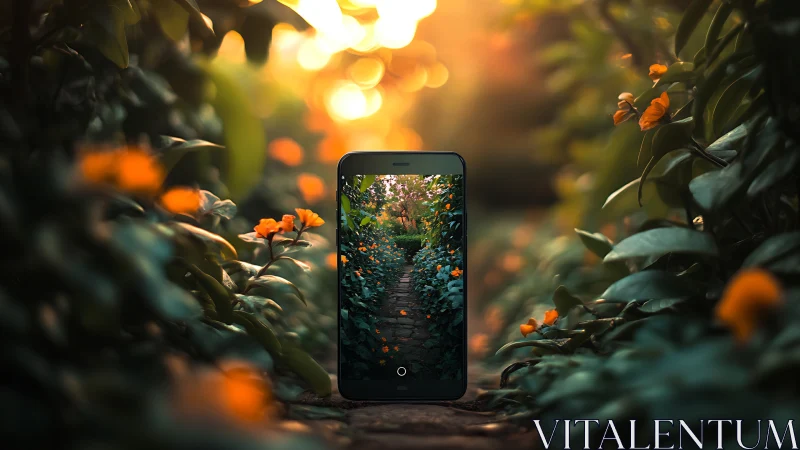 Smartphone camera frames stone path between dense foliage