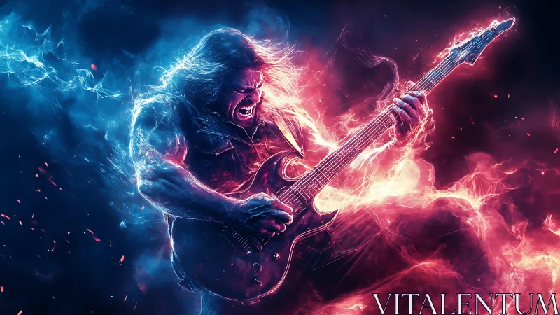 Blazing rock guitarist unleashes fiery neon energy solo