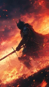 Armored dark knight strides through blazing battlefield fire.