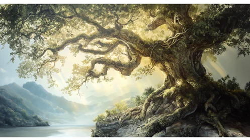 Ancient illuminated tree dominates misty mountain valley