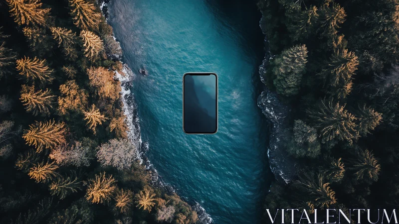 Smartphone floats centered above river between forest banks