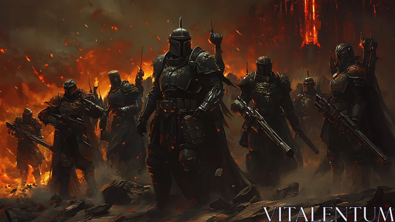 Armored warriors advance through volcanic battlefield inferno.